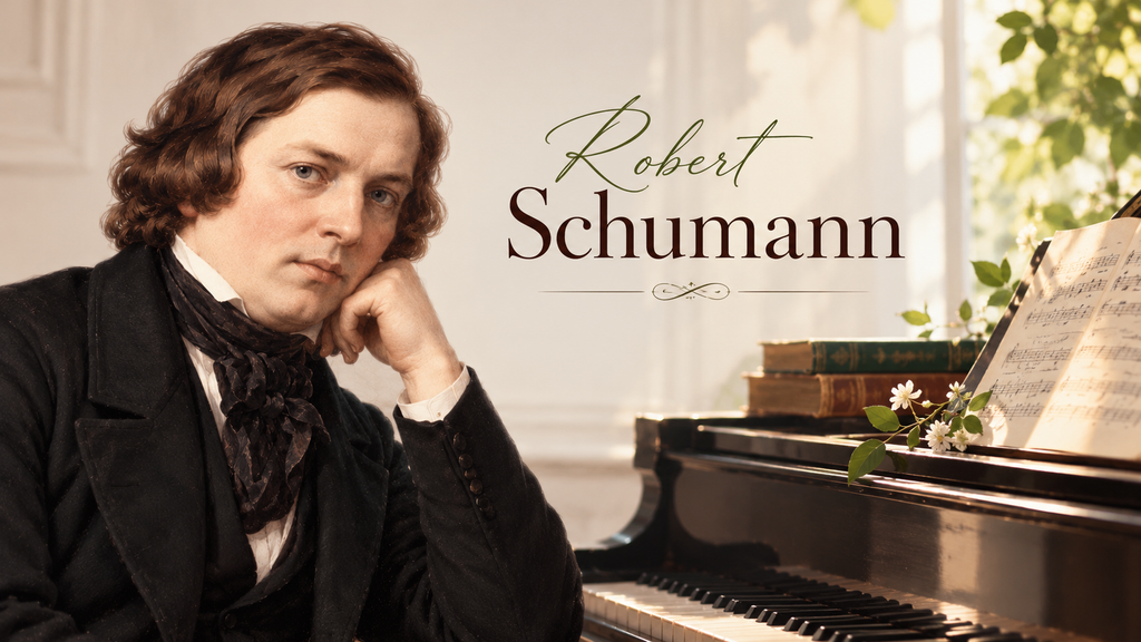 로베르트 슈만(Robert Schumann)의 초상화와 그랜드 피아노, 악보가 어우러진 낭만주의 작곡가 슈만 소개 이미지