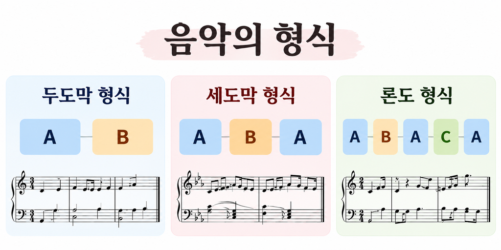 음악의 형식 비교 이미지 – 두도막 형식(A–B), 세도막 형식(A–B–A), 론도 형식(A–B–A–C–A)의 구조를 악보와 함께 나타낸 음악이론 설명 그림